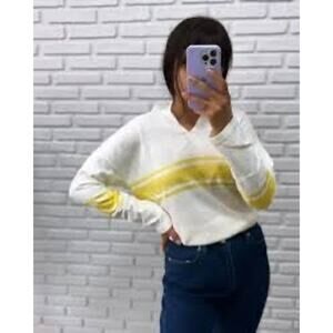 White + Warren Yellow‎ Striped V-Neck Cotton Sweater - Size M